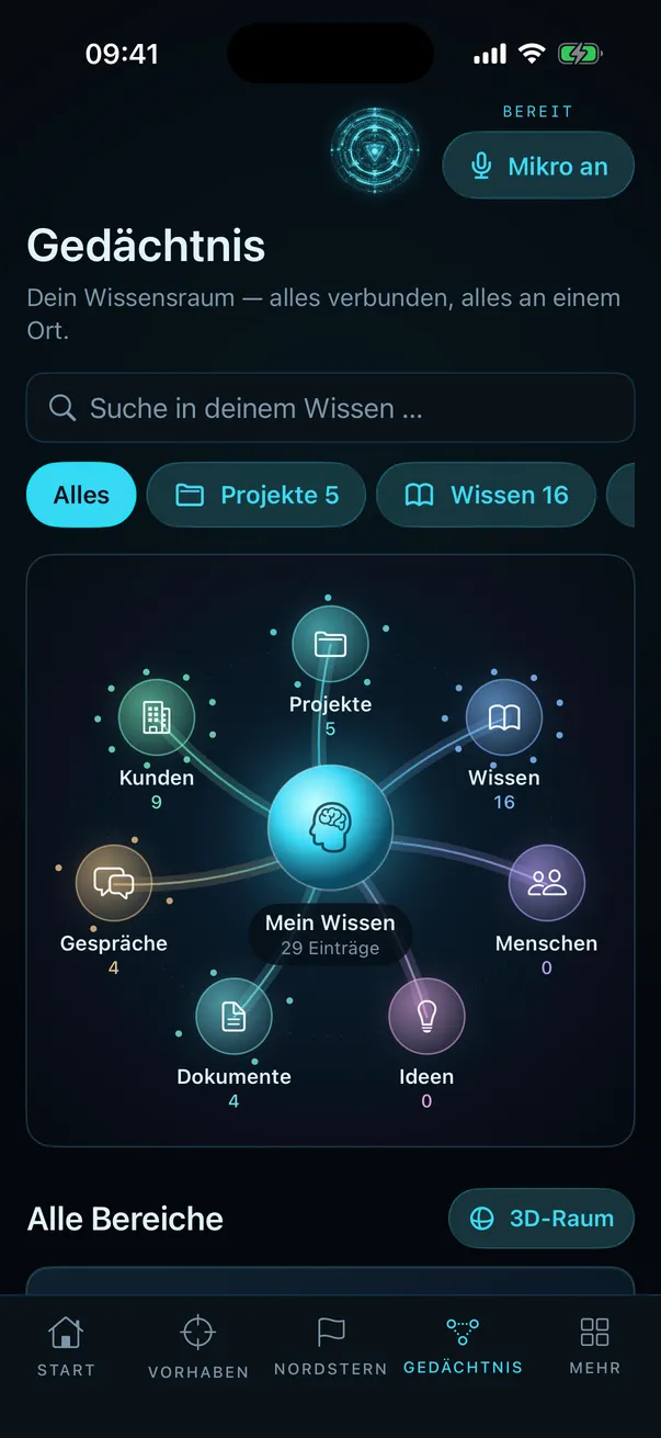 Alpha Prime auf dem iPhone: das Gedächtnis als Wissenskarte mit Kunden, Projekten und Dokumenten