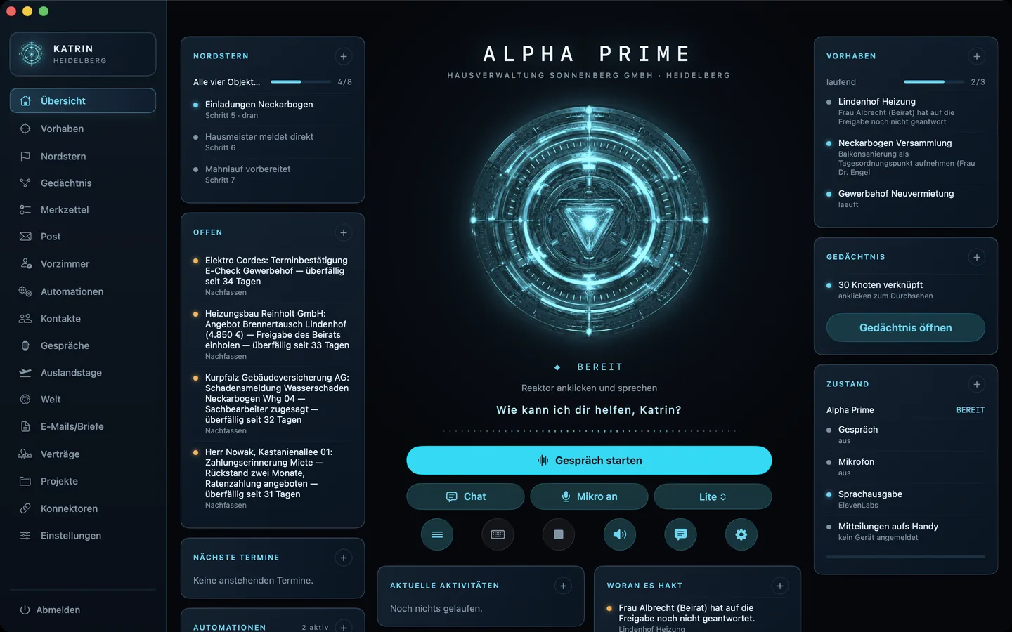 Alpha Prime am Mac: Übersicht mit Nordstern, offenen Nachfass-Punkten, Vorhaben und dem Reaktor einer Musterhausverwaltung