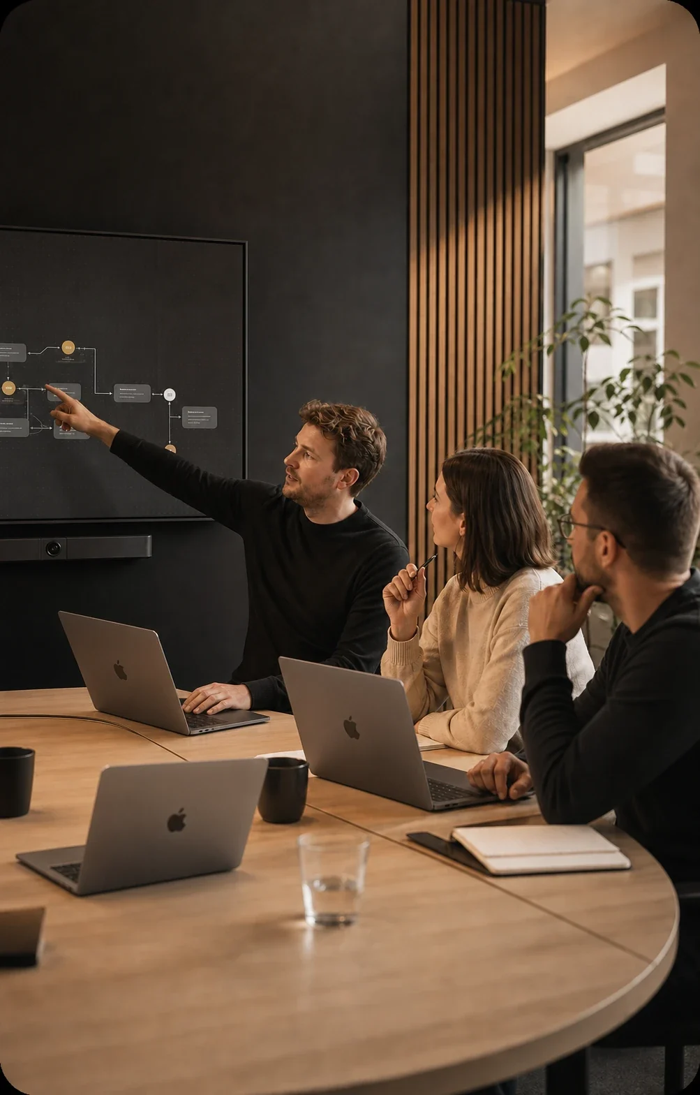 Team bespricht einen Automatisierungs-Workflow am Bildschirm